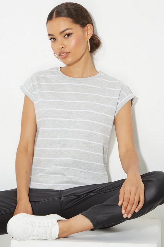 Dorothy Perkins Petite Grey Stripe Cotton Roll Sleeve T-shirt 1
