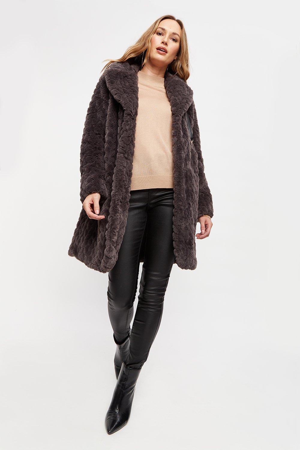Womens Longline Textured Faux Fur Coat