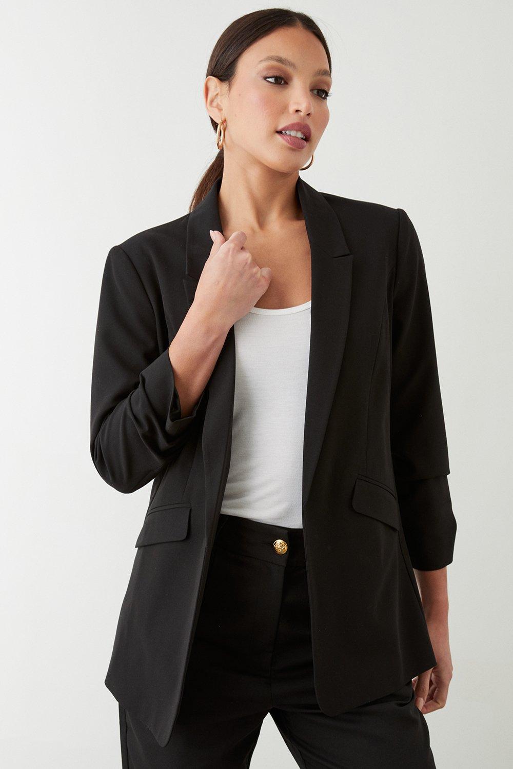 Womens Tall Black Ruched Sleeve Blazer