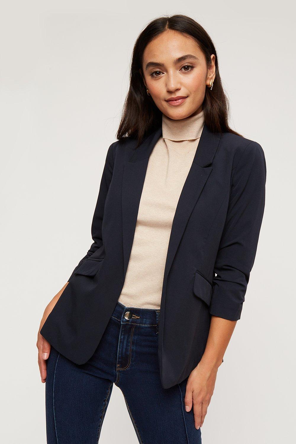 Petite Navy Ruched Sleeve Blazer