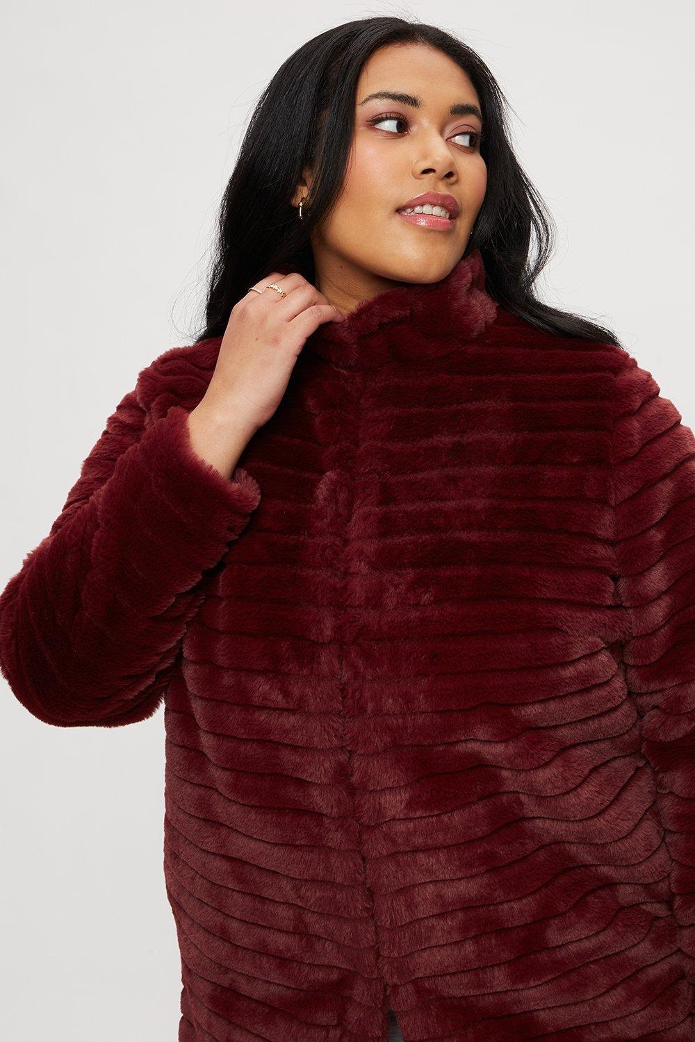Jackets & Coats | Curve Berry Funnel Neck Faux Fur Coat | Dorothy Perkins