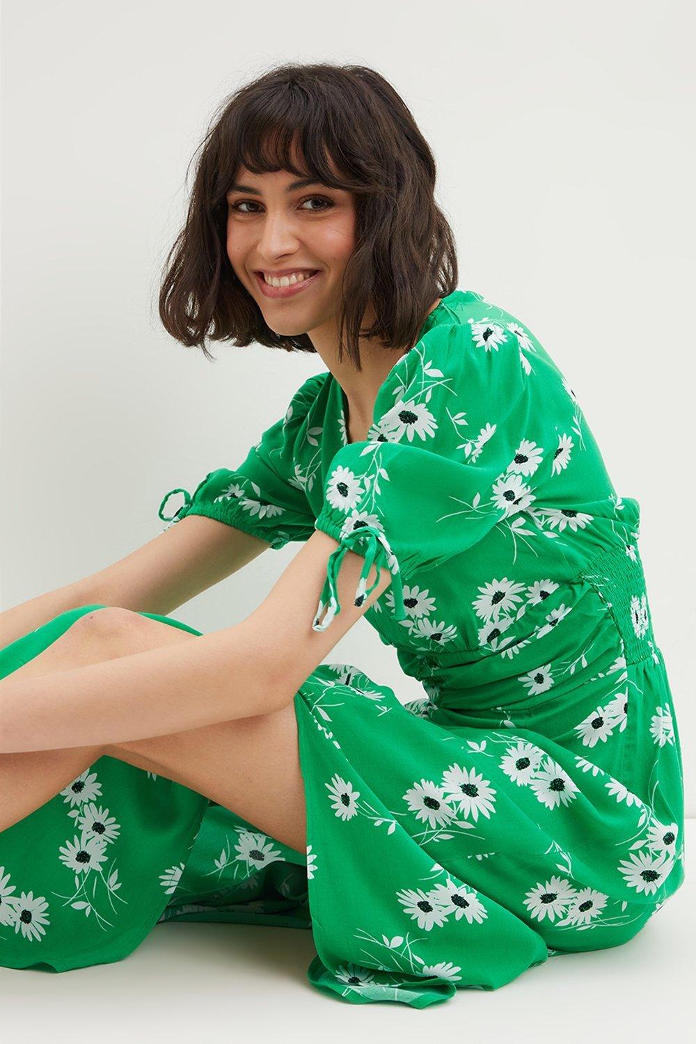 Women's Tall Green Daisy Floral Ruched Waist Midaxi Dress - 10