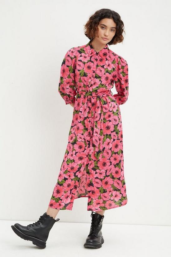 Dorothy Perkins Petite Pink And Green Floral Midi Shirt Dress 1