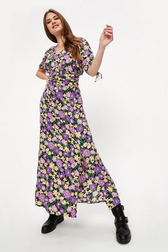 Dorothy Perkins Tall Purple And Yellow Daisy Ruched Midaxi 1