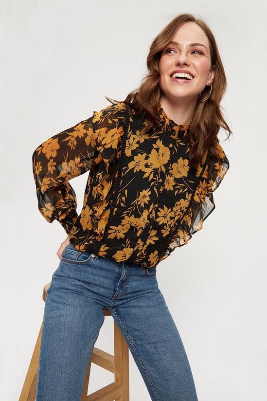 Dorothy Perkins Ochre Floral Print Ruffle Front Blouse 1