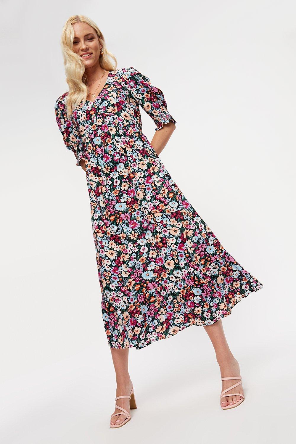 Dresses | Purple Floral Smock Midi Dress | Dorothy Perkins