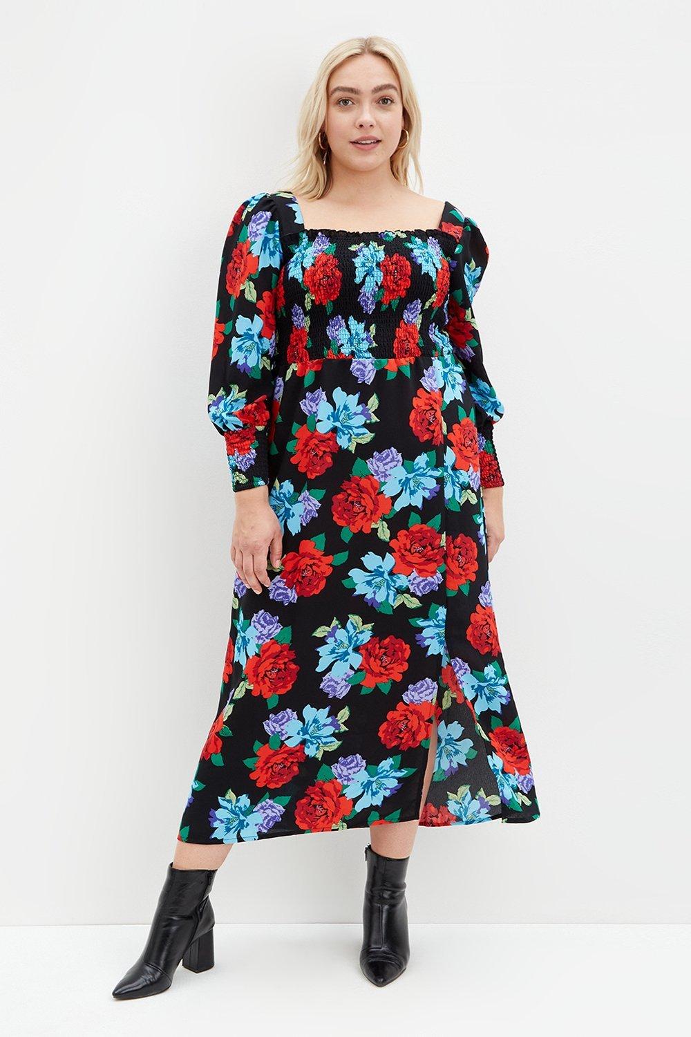 Womens Curve Red Blue Floral Shirred Body Midaxi
