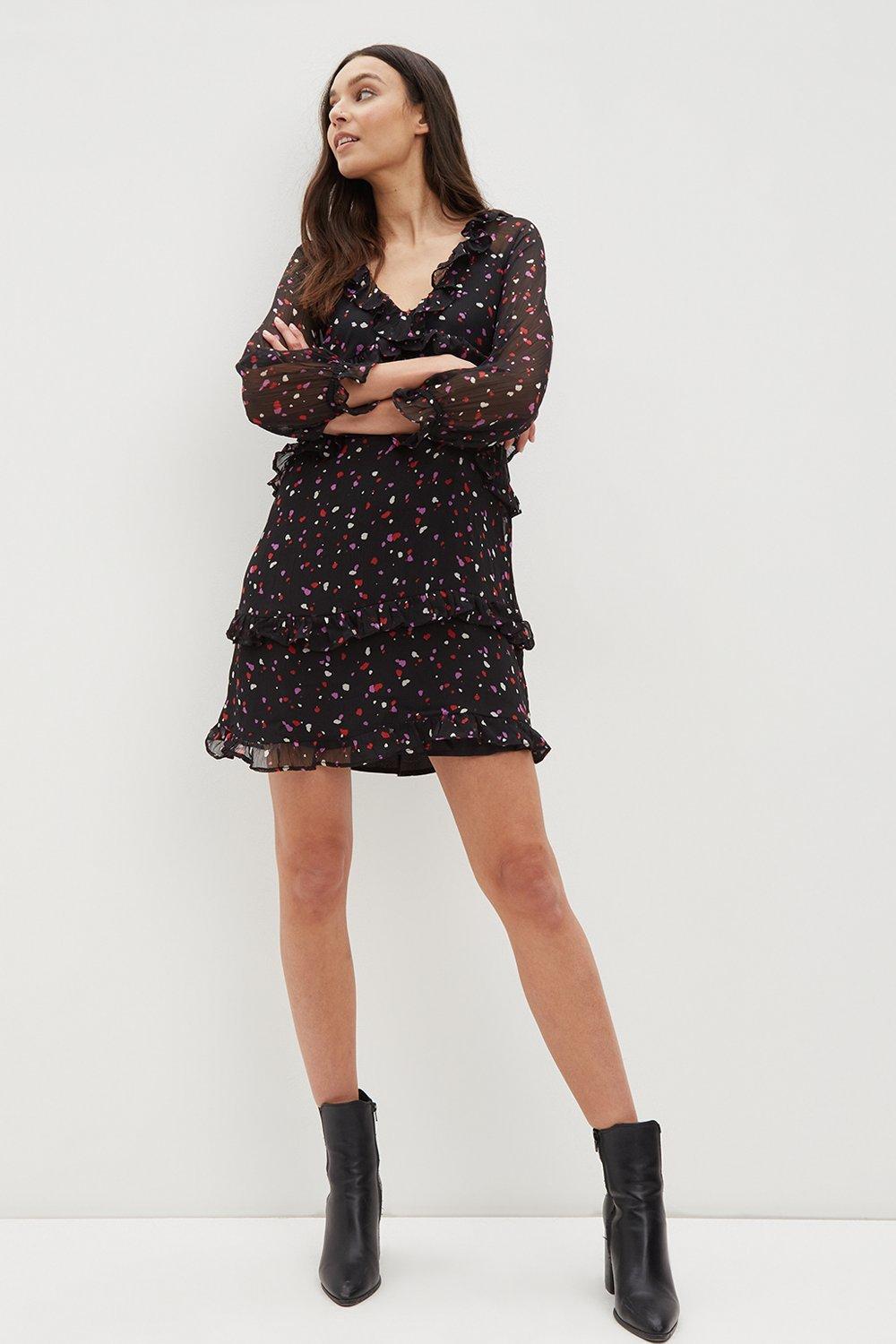Women's Tall Messy Spot Ruffle Mini Dress - black - 14