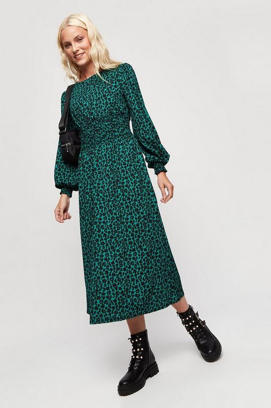 Dorothy Perkins Green Floral Shirred Waist Texture Midi Dress 1