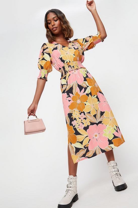 Dorothy Perkins Pink Floral Shirred Waist Midi Dress 1