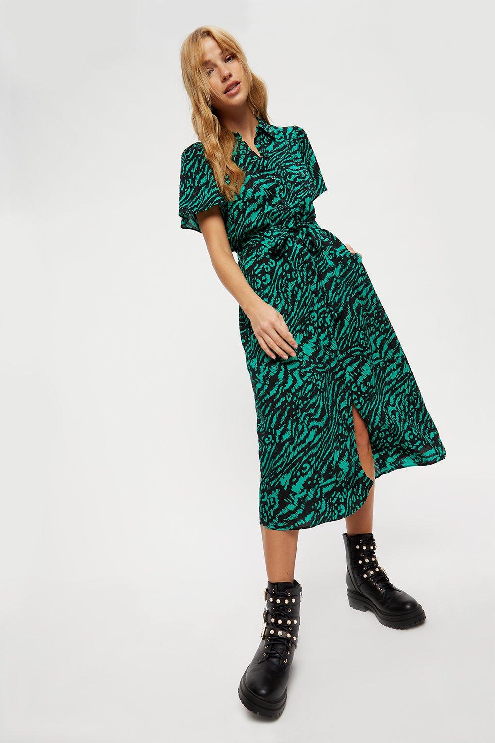 Green animal shop print shirt dress