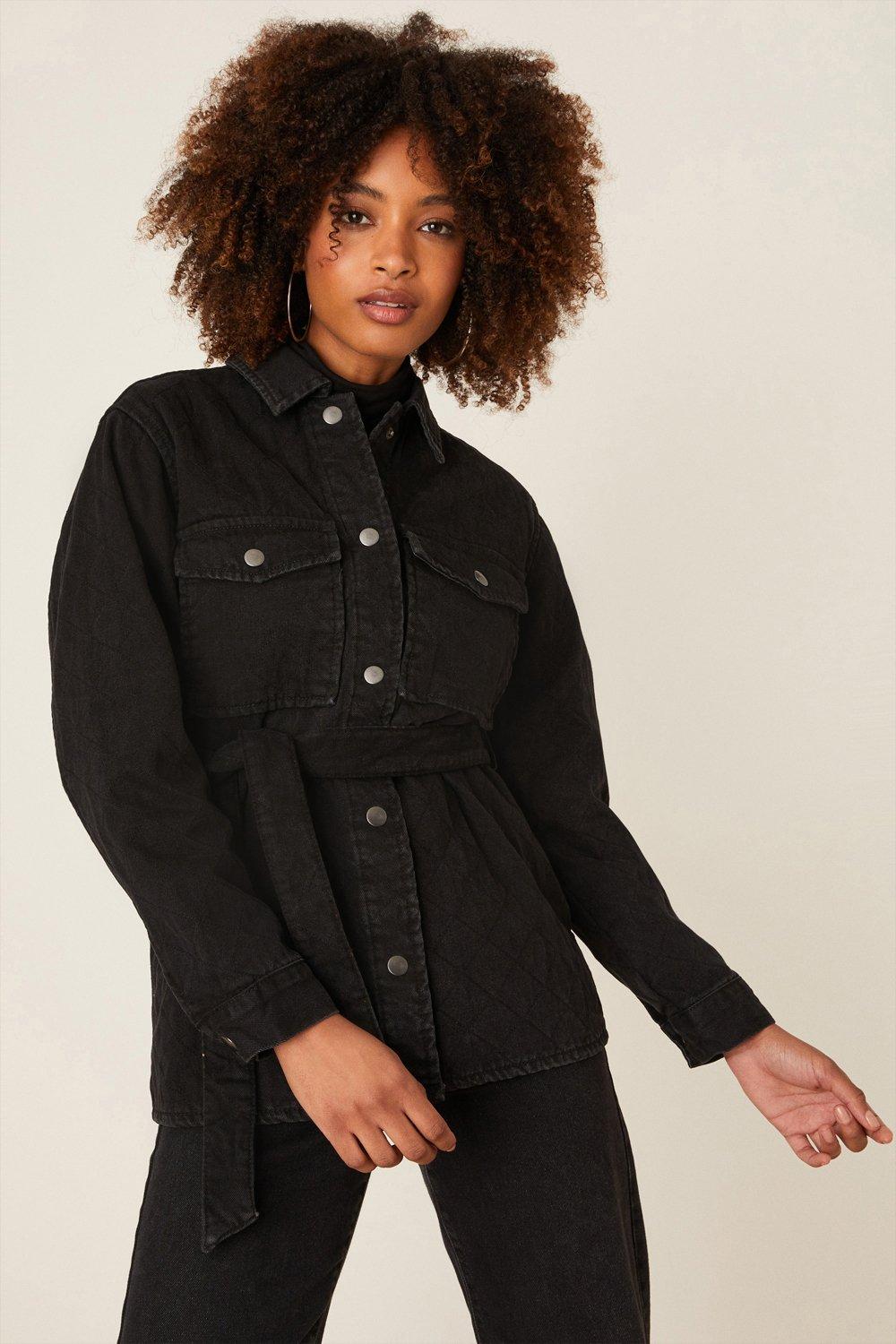 Womens Denim Quilted Belted Shacket