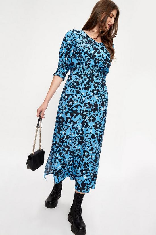 Dorothy Perkins Tall Blue Floral Shirred Waist Midi Dress 1