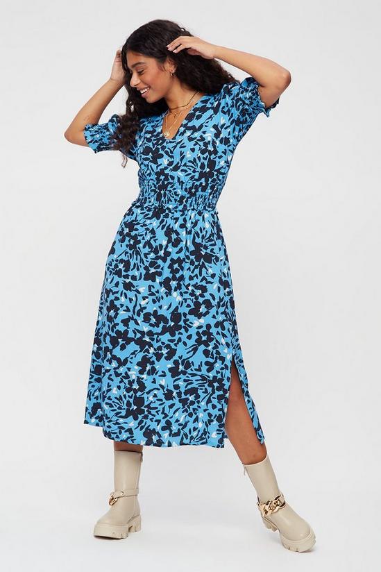 Dorothy Perkins Petite Blue Print Shirred Waist Midi Dress 1