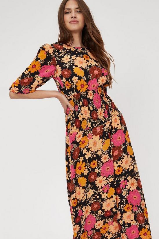 Dorothy Perkins Tall Pink Brown Floral Shirred Midi Dress 1