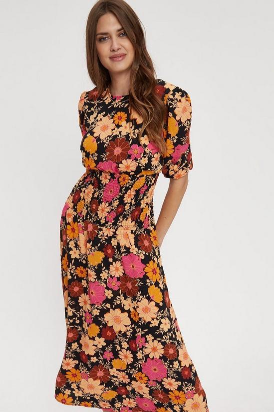 Dorothy Perkins Tall Pink Brown Floral Shirred Midi Dress 2