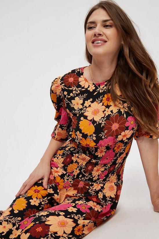 Dorothy Perkins Tall Pink Brown Floral Shirred Midi Dress 4