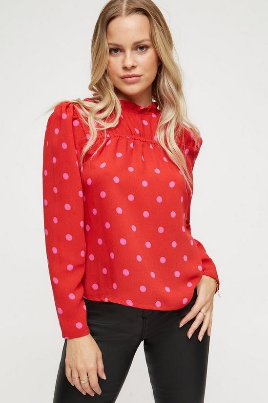 Dorothy Perkins Petite Red Spot Shirred High Neck Top 1