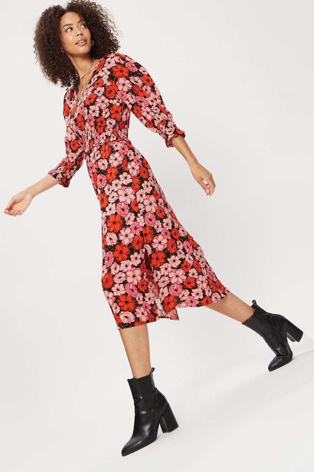 Dresses Pink Floral Shirred Waist ¾ Sleeve Midi Dress Dorothy Perkins 6534