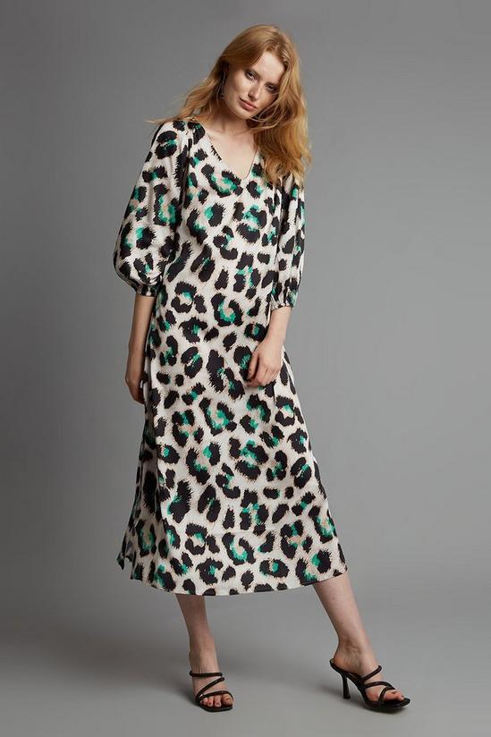 Dorothy Perkins Green Leopard Satin Volume Sleeve Midi Dress 1
