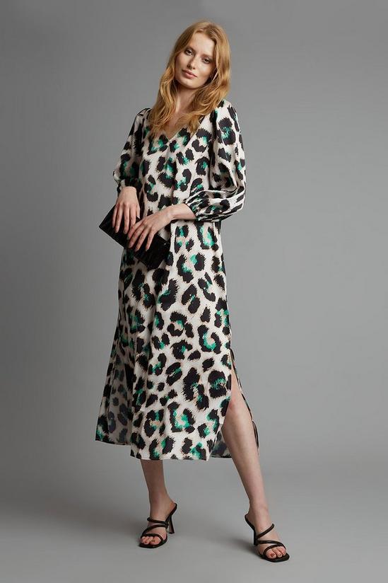 Dorothy Perkins Green Leopard Satin Volume Sleeve Midi Dress 2