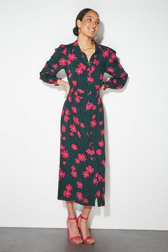 Dorothy Perkins Tall Olive Pink Floral Shirt Midi Dress 1