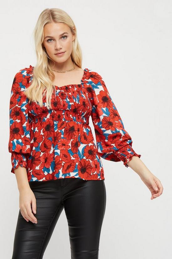 Dorothy Perkins Red Floral Shirred Volume Sleeve Top 1