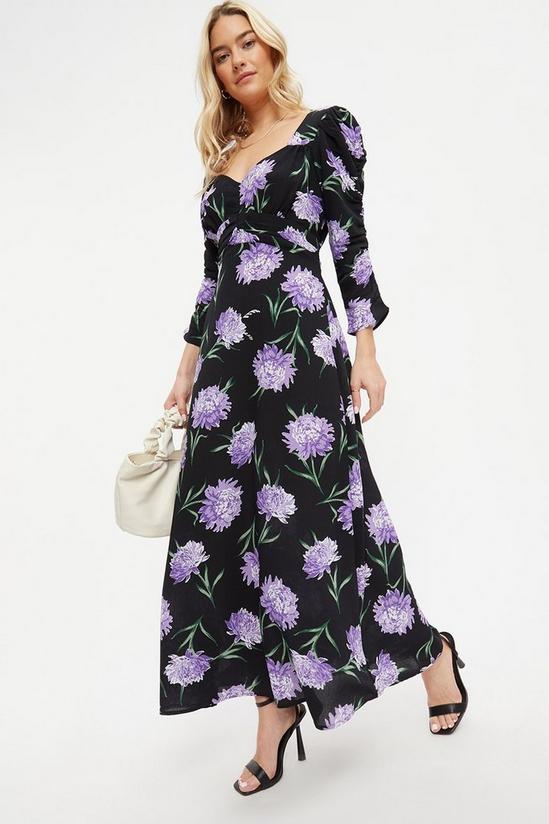 Dorothy Perkins Purple Floral Ruched Sleeve Maxi Dress 1