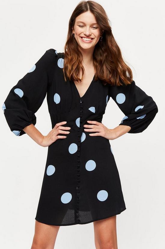 Dorothy Perkins Blue Spot Print Button Through Mini Dress 1