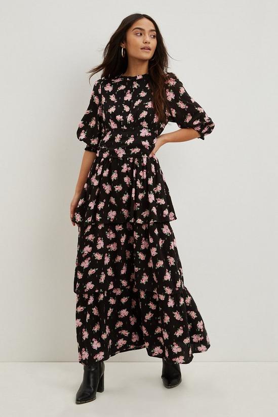 Dorothy Perkins Petite Black Pink Rose Tiered Maxi Dress 1