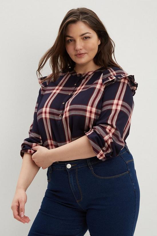 Dorothy Perkins Curve Navy Pink Check Long Sleeve Frill Top 1