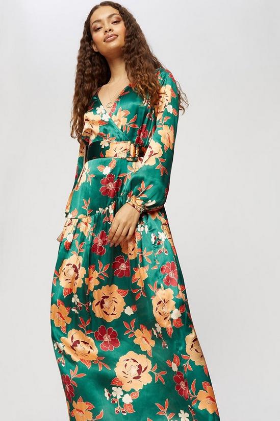 Dorothy Perkins Petite Green Floral Satin Midaxi Dress 1