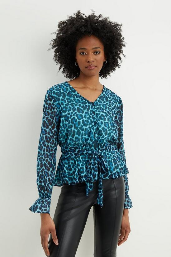 Dorothy Perkins Tall Blue Leopard Print Chiffon Tie Waist Top 1