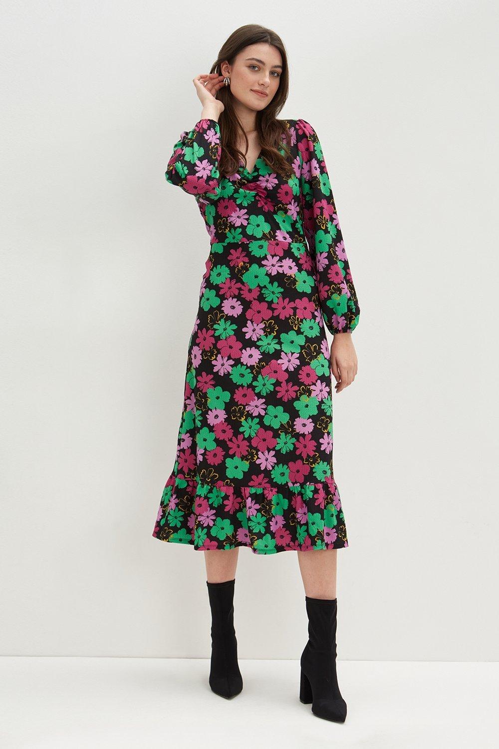 Dresses Green Large Floral Textured Vneck Midi Dress Dorothy