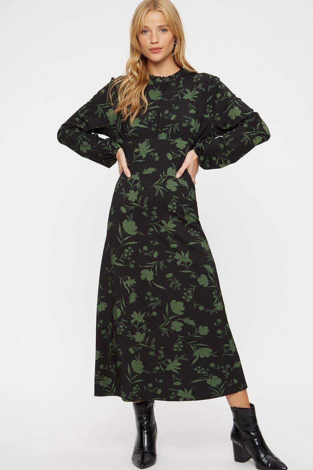 Womens Green Large Floral High Neck Midi Dress