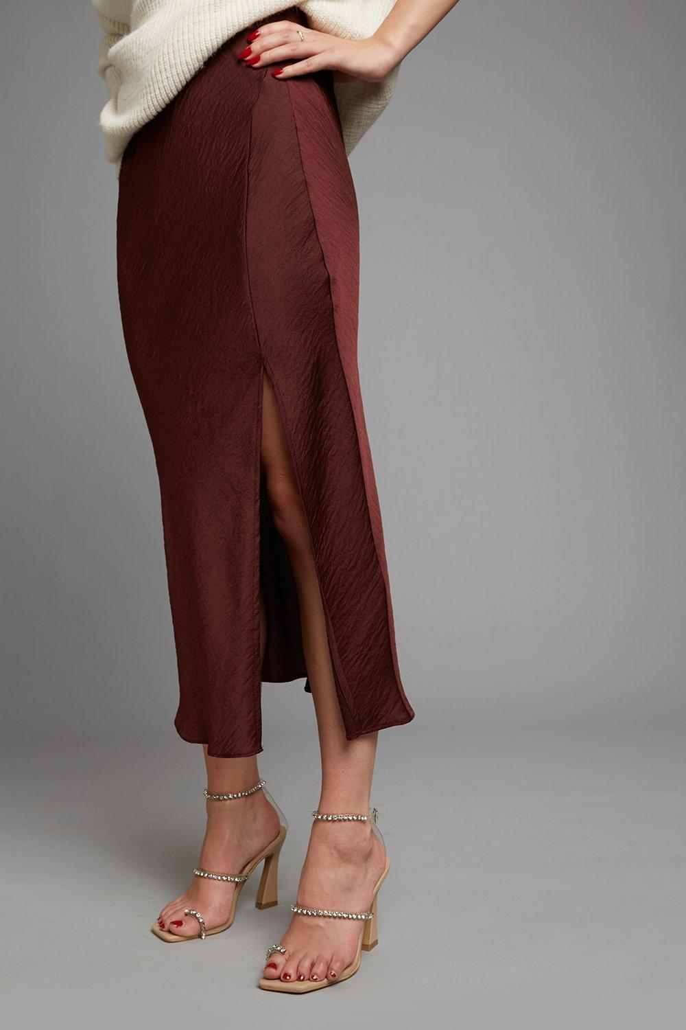 Chocolate satin midi outlet skirt