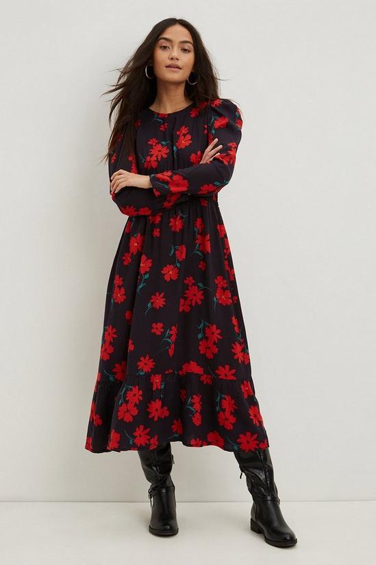 Dorothy Perkins Petite Red Floral Ruched Waist Midi Dress 2