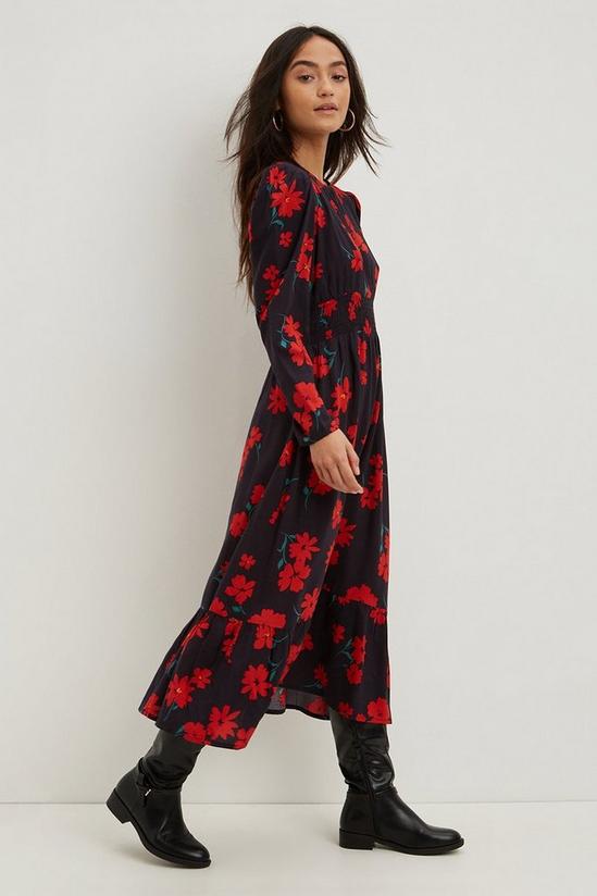 Dorothy Perkins Petite Red Floral Ruched Waist Midi Dress 4