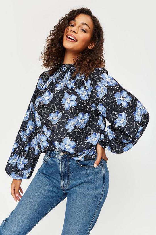 Dorothy Perkins Tall Blue Floral Shirred Neck Top 1