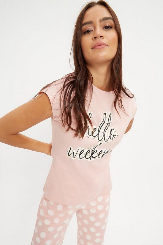 Dorothy Perkins Pink Hello Weekend Tee And Spot Pant 1