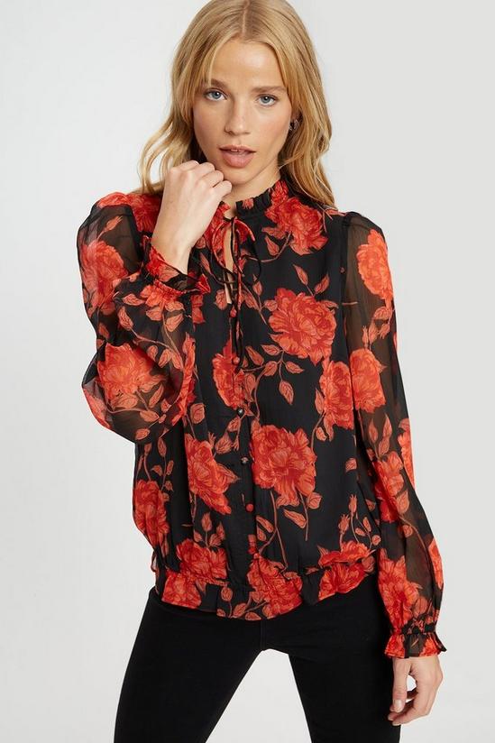 Dorothy Perkins Red Floral Ruffle Tie Neck Top 1
