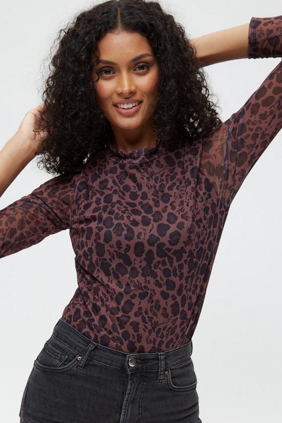 Dorothy Perkins Chocolate Leopard Print Long Sleeve Lined Mesh High Neck Top 1
