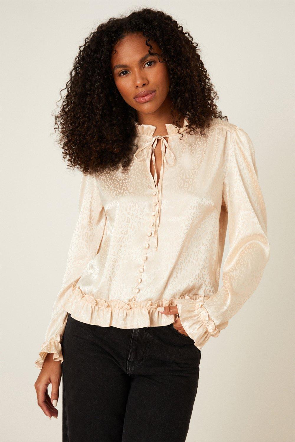 Satin Jacquard Button Front Tie Neck Top