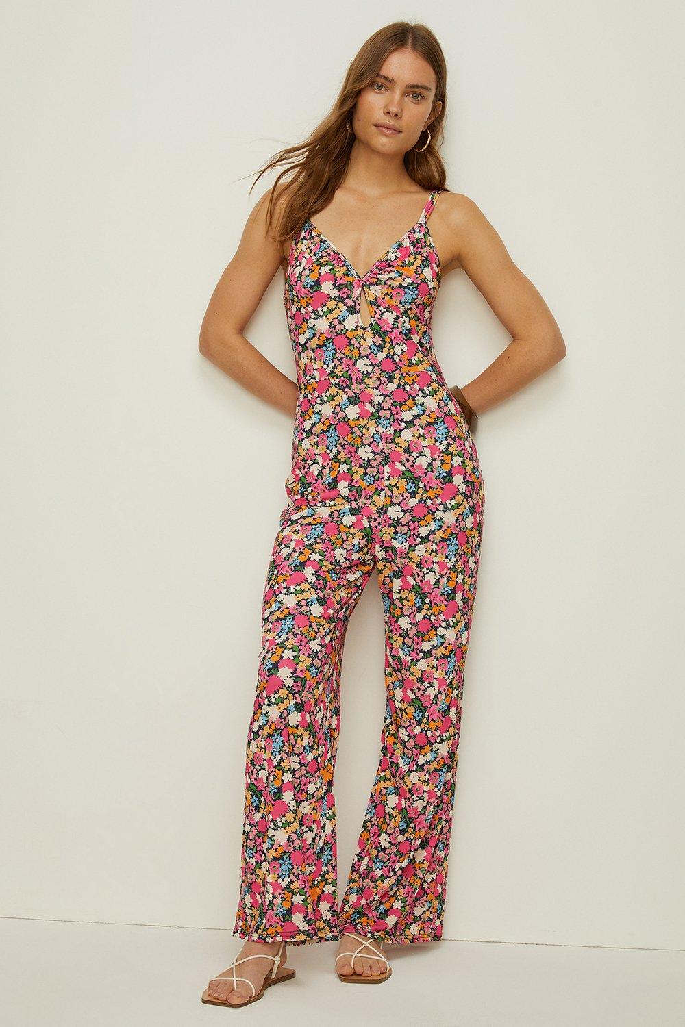 Jumpsuits Slinky Floral Keyhole Front Tie Back Jumpsuit Oasis