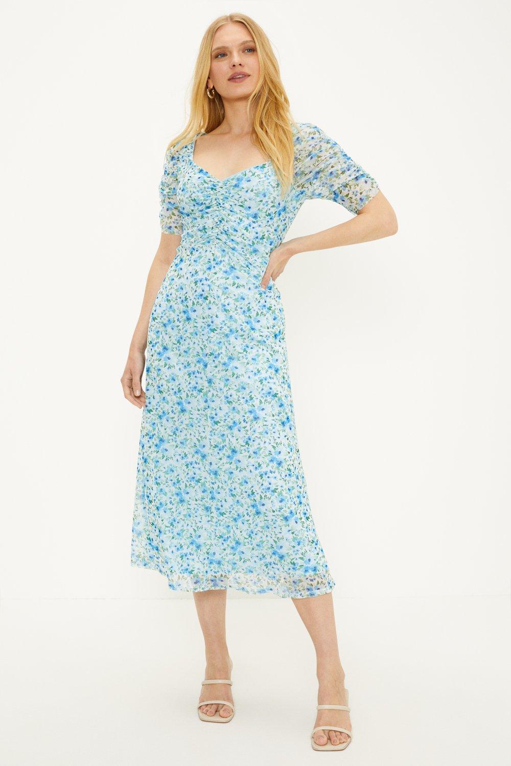 Dresses | Ditsy Floral Printed Mesh Ruched Sleeve Midi Dress | Oasis