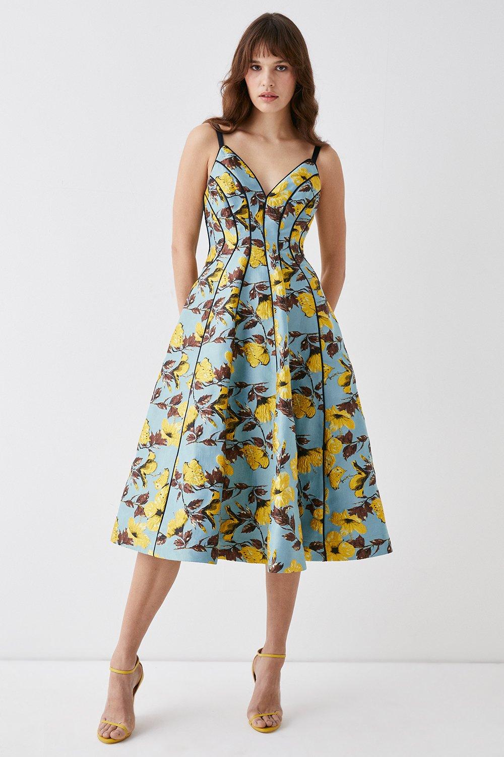 Warehouse strappy midi dress in best sale yellow jacquard