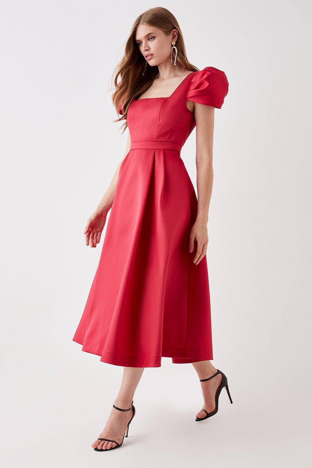 Dresses Seamed Bodice Pleated Puff Sleeve Midi Dress Coast