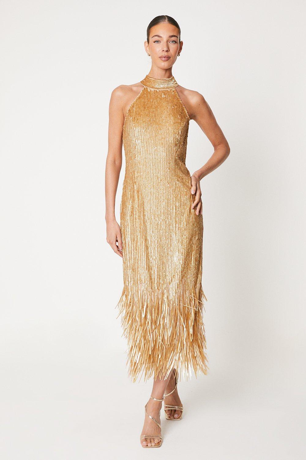 Gold sequin fringe outlet dress