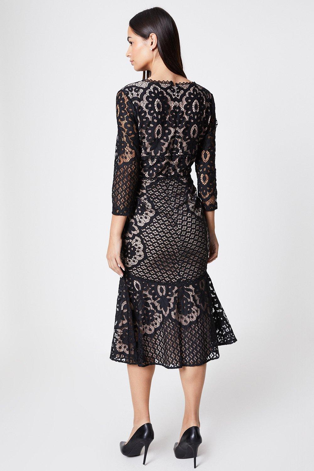 Lipsy Long Sleeve Lace Dress With Contrast Lining in Blue