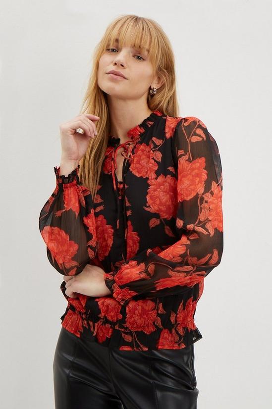 Dorothy Perkins Petite Red Floral Ruffle Tie Neck Top 1